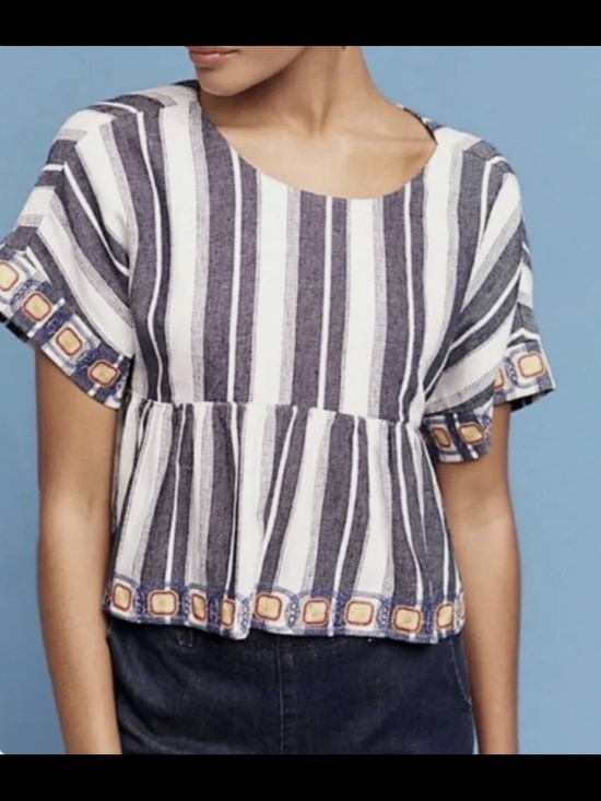 Maeve Tops - Maeve Navy and White Striped Short-Sleeve Peplum Top with Orange Trim